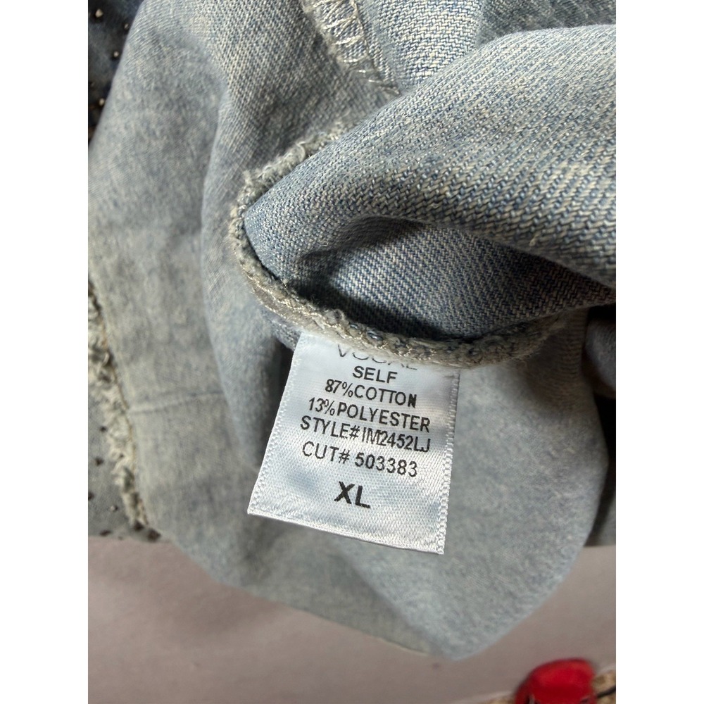 Vocal Women's Blue Denim Adorned Frayed Crop Jacket Size XL Rhinestone - Picture 7 of 7